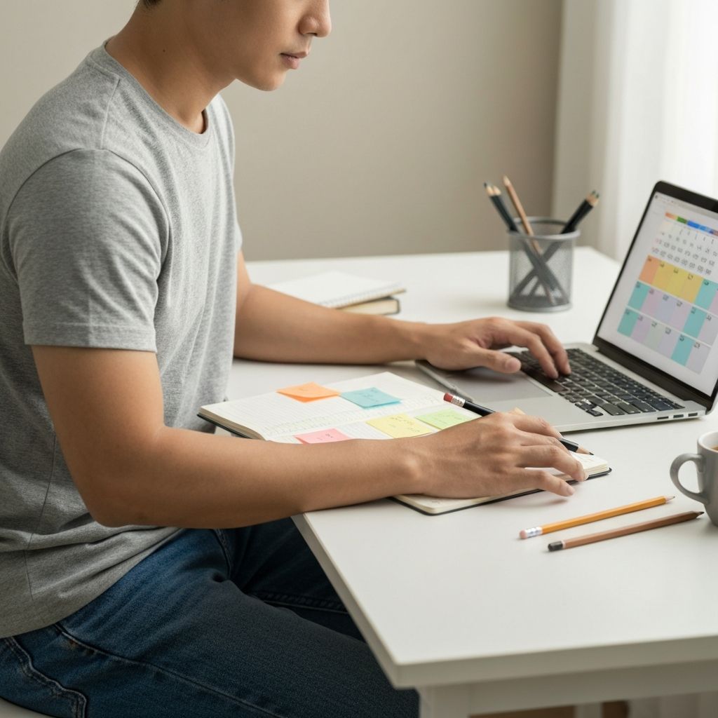 Persona organizando su jornada con laptop y notas